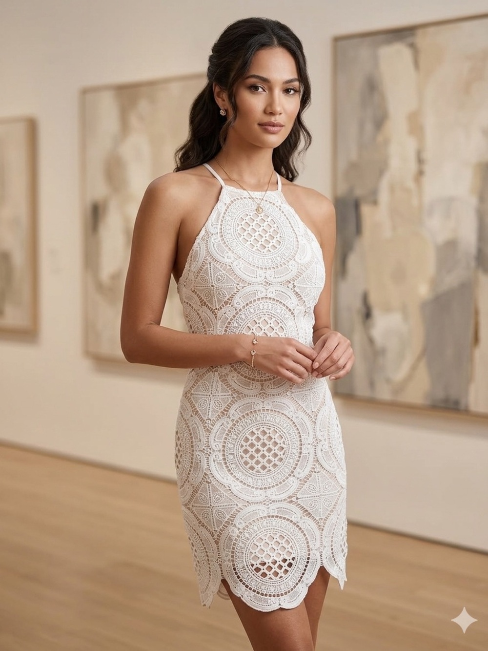 Crochet Lace Halter Mini Dress White Small trendy travel summer party chic 303